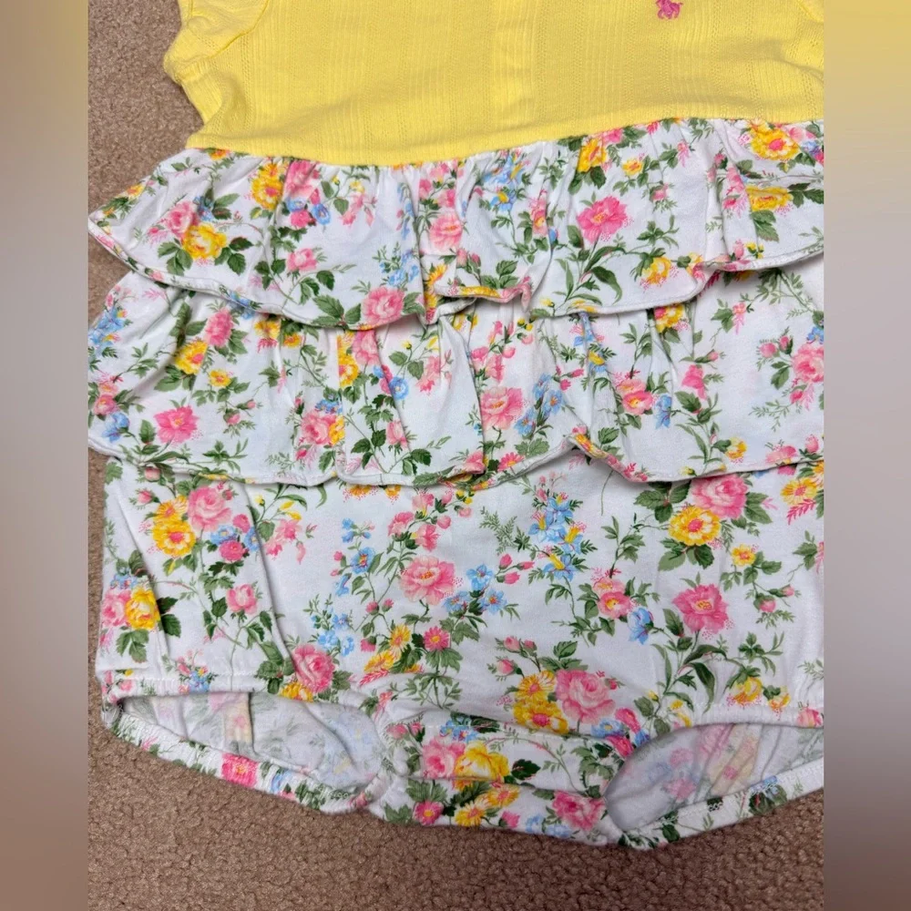 Ralph Lauren Baby Girls 24M Yellow Floral Ruffle Bubble‎ Romper Dress Pony Logo